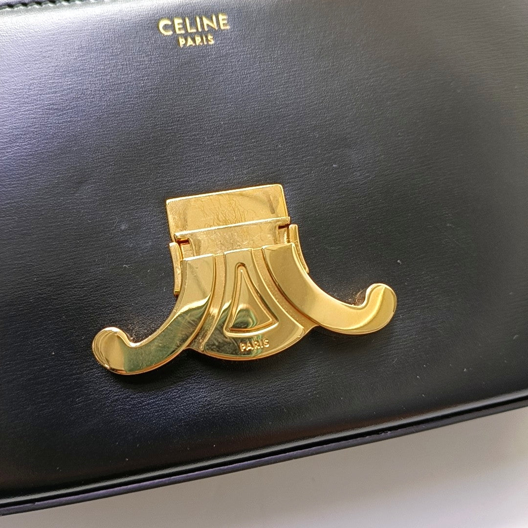CELINE TRIOMPHE Black Leather Single Shoulder Bag with Gold Hardware-(SKU)-966416855