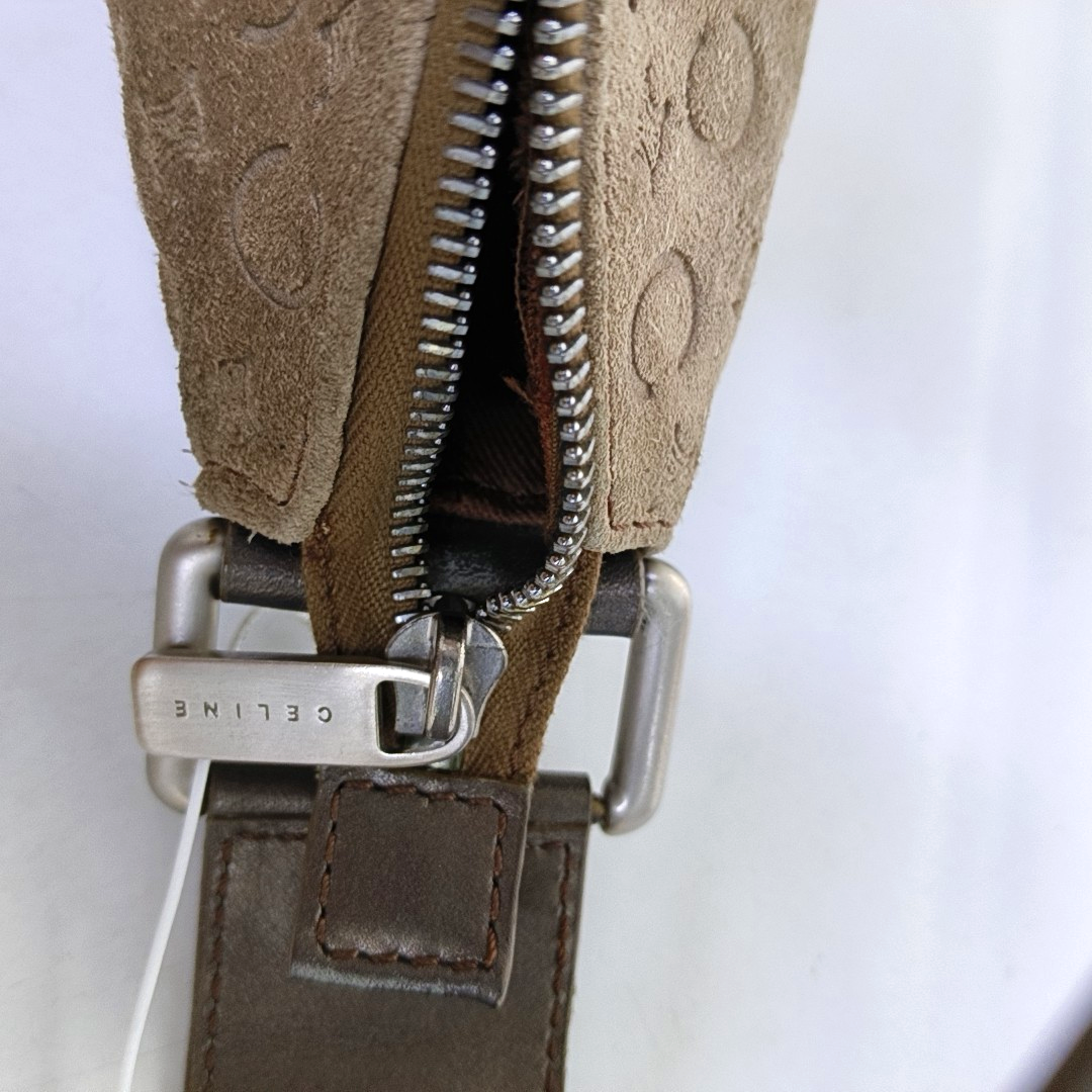 CELINE Khaki Velvet Leather Triumph Arch Embossed Single Shoulder Bag Handbag Silver Hardware-(SKU)-958683892