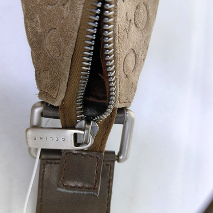 CELINE Khaki Velvet Leather Triumph Arch Embossed Single Shoulder Bag Handbag Silver Hardware-(SKU)-958683892