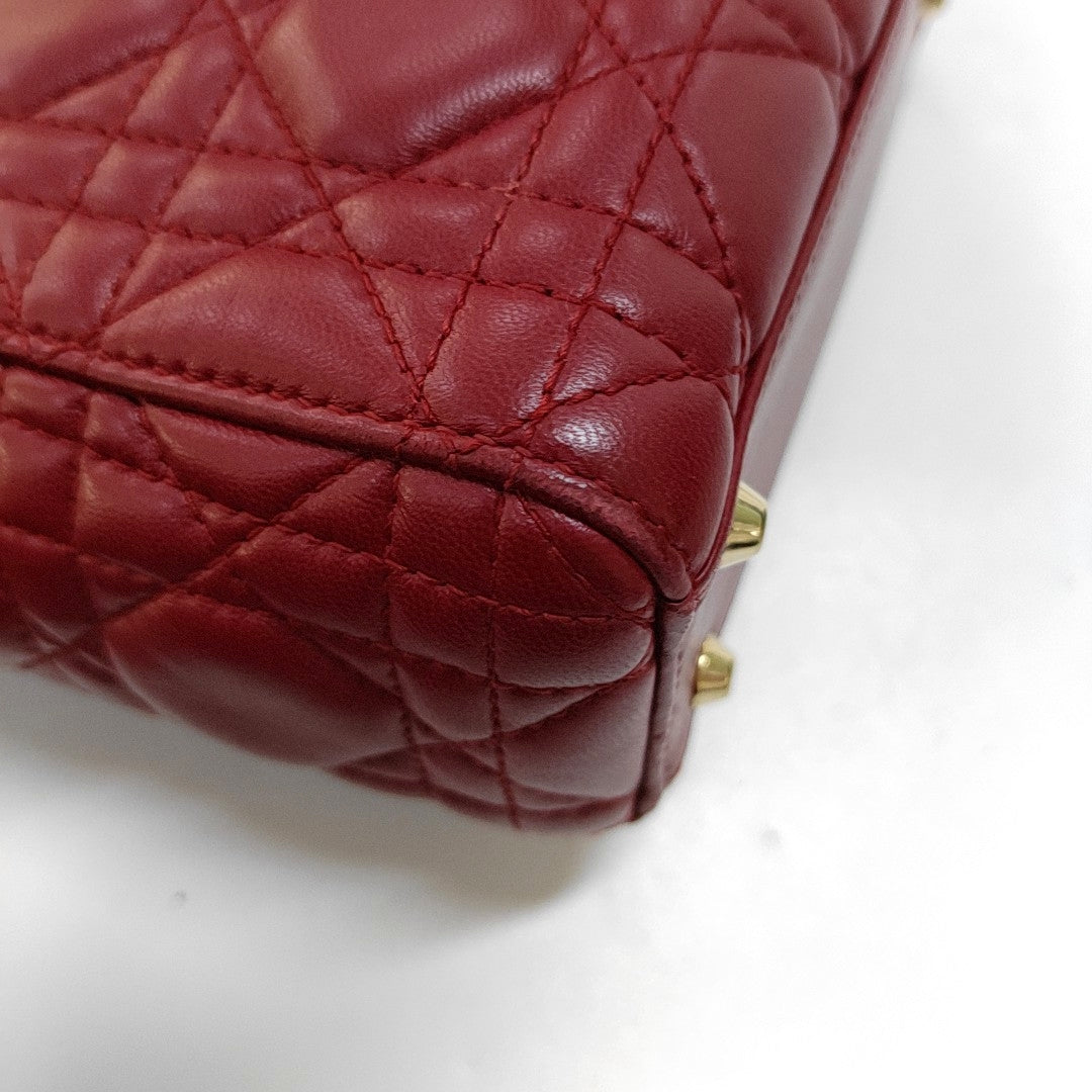 DIOR Lady Dior Mini Burgundy Calfskin Monogram Quilted Cannage Diana Three-Panel Shoulder Bag Crossbody with Removable Strap-(SKU)-969414820