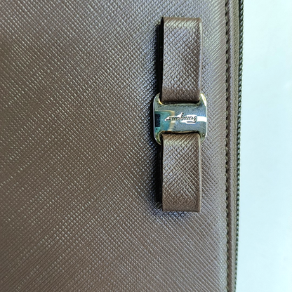 FERRAGAMO Vara Dark Brown Leather Embossed Wallet Silver Hardware-(SKU)-943942165