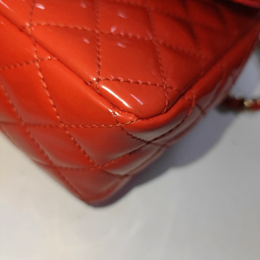 CHANEL CLASSIC FLAP medium size red patent leather quilted shoulder bag with 13 chain links, gold and black and red hardware-(SKU)-931805399