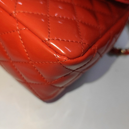 CHANEL CLASSIC FLAP medium size red patent leather quilted shoulder bag with 13 chain links, gold and black and red hardware-(SKU)-931805399
