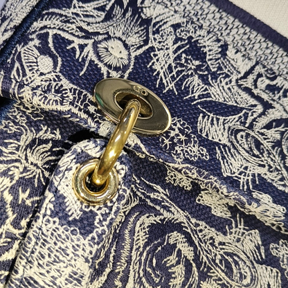 DIOR Lady D-Lite medium size blue fabric embroidered shoulder bag gold hardware detachable shoulder strap-(SKU)-934742654