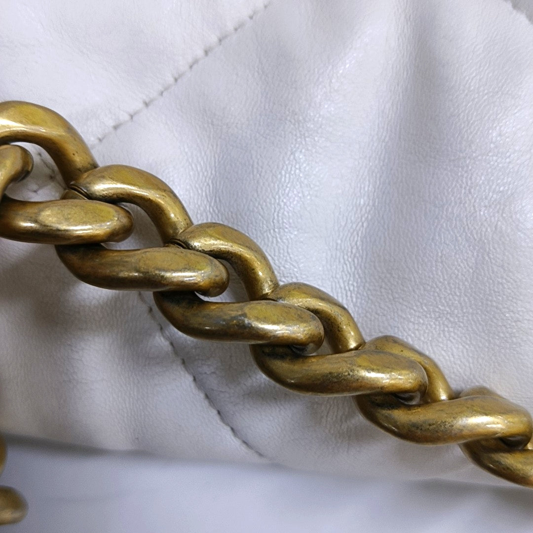 CHANEL CHANEL 19 Small White Lamb Skin Quilted Shoulder Bag Crossbody with Gold, Silver and Ruthenium Hardware 30 Clasp-(SKU)-969981633