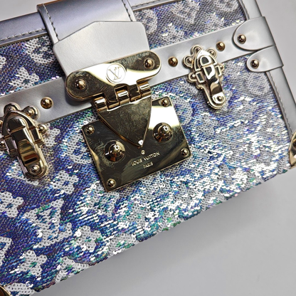 LOUIS VUITTON PETITE MALLE Silver Satin Shoulder Bag Crossbody Golden Hardware Removable Shoulder Strap Complete Accessories-(SKU)-961332912