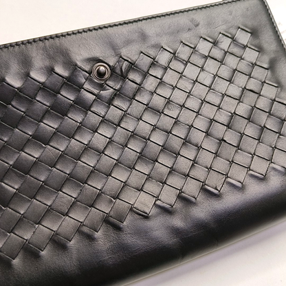 BOTTEGA VENETA Black Calf Leather Woven Clutch Black hardware-(SKU)-945681166