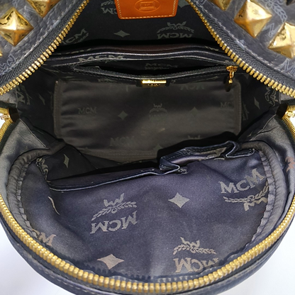 MCM STARK  Small size Black Coated Canvas Monogram Studs Backpack Golden hardware-(SKU)-942517154