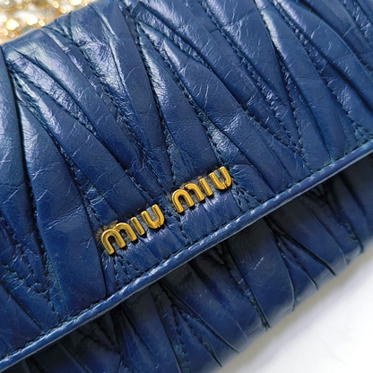 Miu Miu Dark Blue Sheepskin Stitched Wallet Golden hardware-(SKU)-950467224