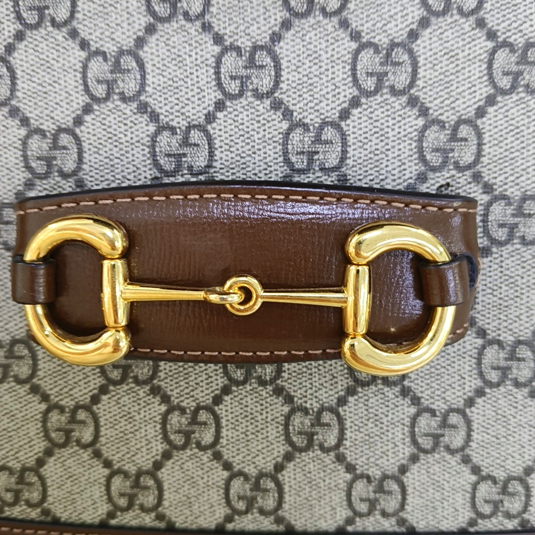 GUCCI Horsebit 1955 Small Size Khaki Coated Canvas Monogram Printed Saddle Bag Crossbody Bag Shoulder Bag Gold Hardware-(SKU)-958962620