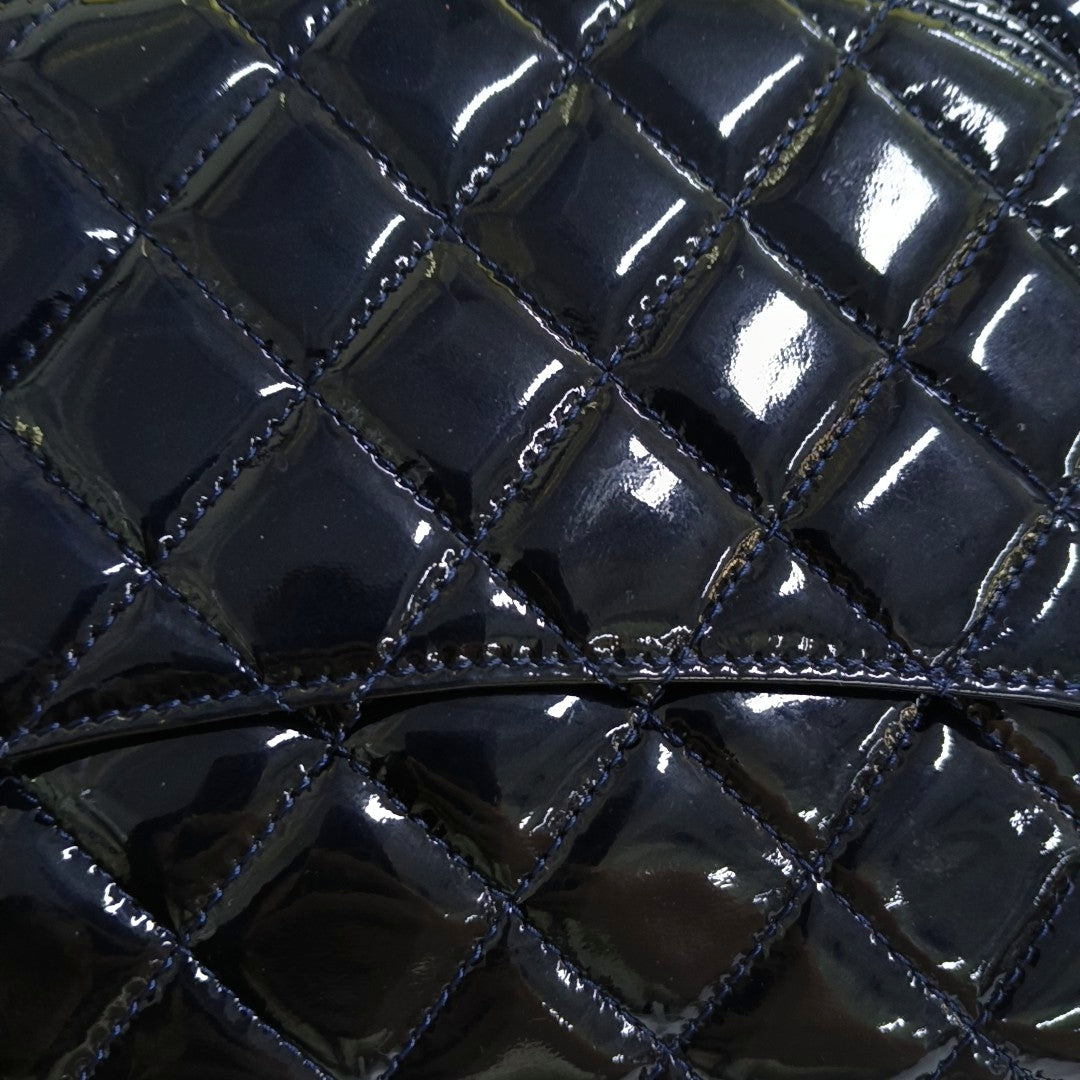 CHANEL CLASSIC FLAP Deep Blue Patent Leather Quilted Bag with Silver Hardware, 19-(SKU)-966563538