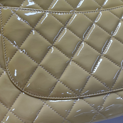 CHANEL CLASSIC FLAP Large Beige Patent Leather Quilted Diamond Pattern Shoulder Bag Handbag Crossbody Bag Silver Hardware 18 Clasp-(SKU)-947914762