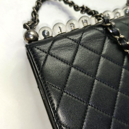 CHANEL CLASSIC VERTICAL PEARL Small Size Black Lamb Skin Quilted Crossbody Shoulder Bag Silver Hardware 29 Clasp-(SKU)-957700212