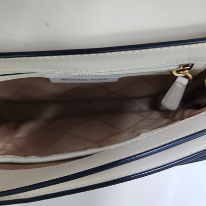 MICHAEL KORS Sloan Editor Blue Coated Canvas Monogrammed Crossbody Bag with Shoulder Strap and Handbag Golden hardware Removable shoulder strap-(SKU)-951791936