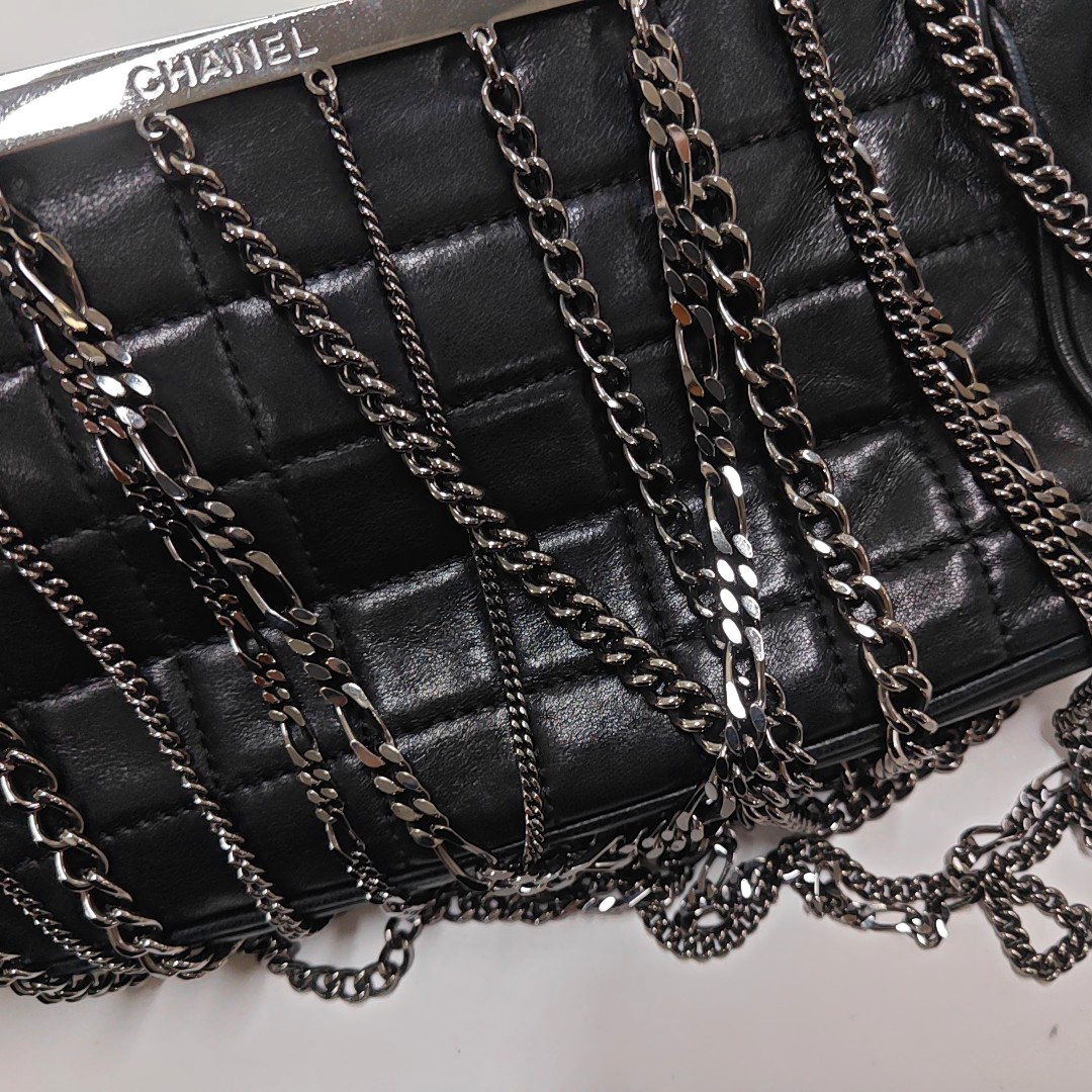 CHANEL CHOCOLATE BAR Black Lamb Skin Quilted Shoulder Bag, Handbag with Silver Hardware, 8 compartments-(SKU)-946413331