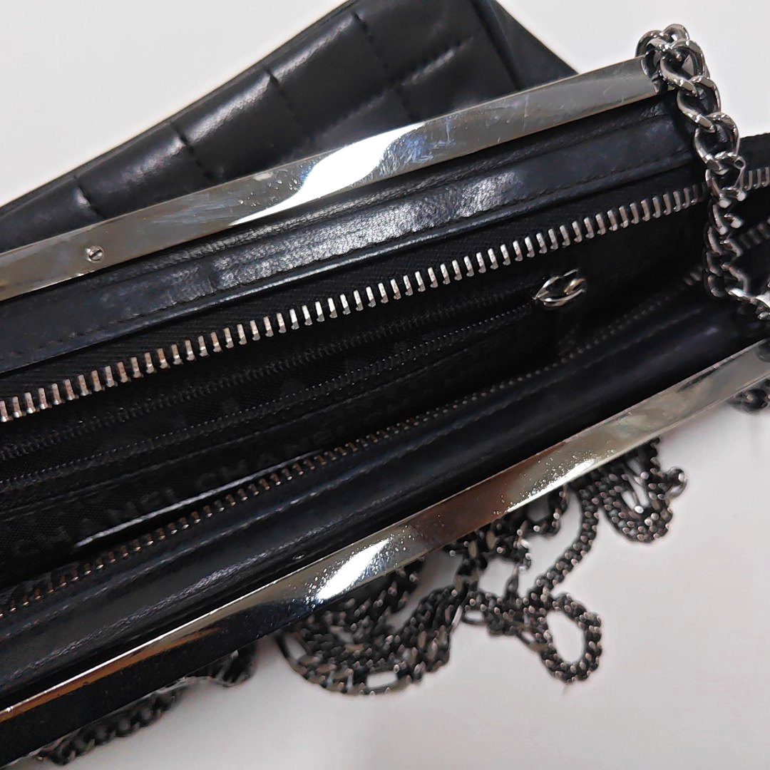 CHANEL CHOCOLATE BAR Black Lamb Skin Quilted Shoulder Bag, Handbag with Silver Hardware, 8 compartments-(SKU)-946413331