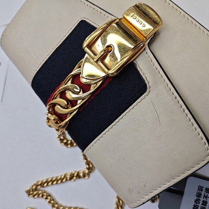 GUCCI Sylvie Super mini White Cowhide Stripe Strap Serbia Single Shoulder Bag Tote Golden hardware Removable shoulder strap-(SKU)-948580042