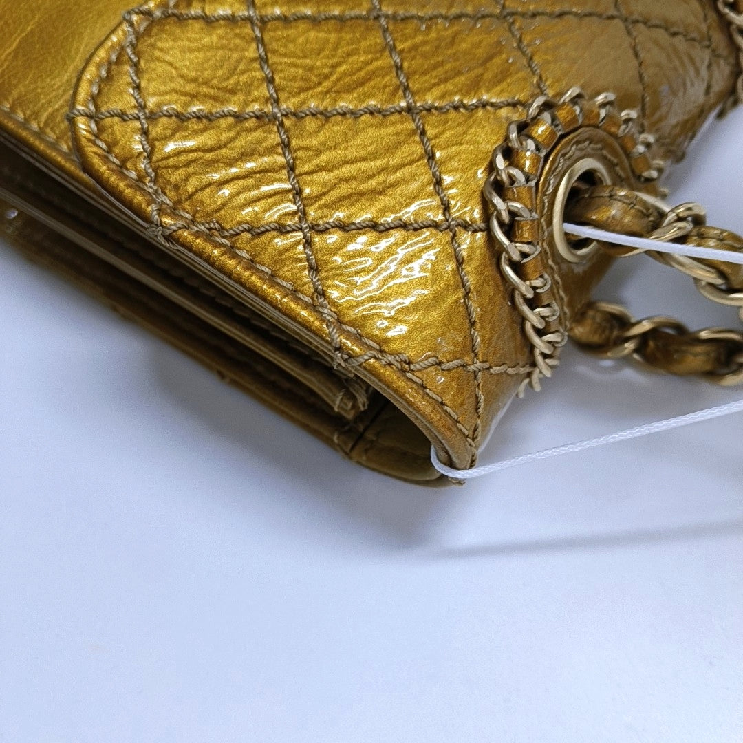 CHANEL MADISON Yellow Patent Leather Quilted Shoulder Bag, Gold Hardware, 11 Compartments-(SKU)-965813701