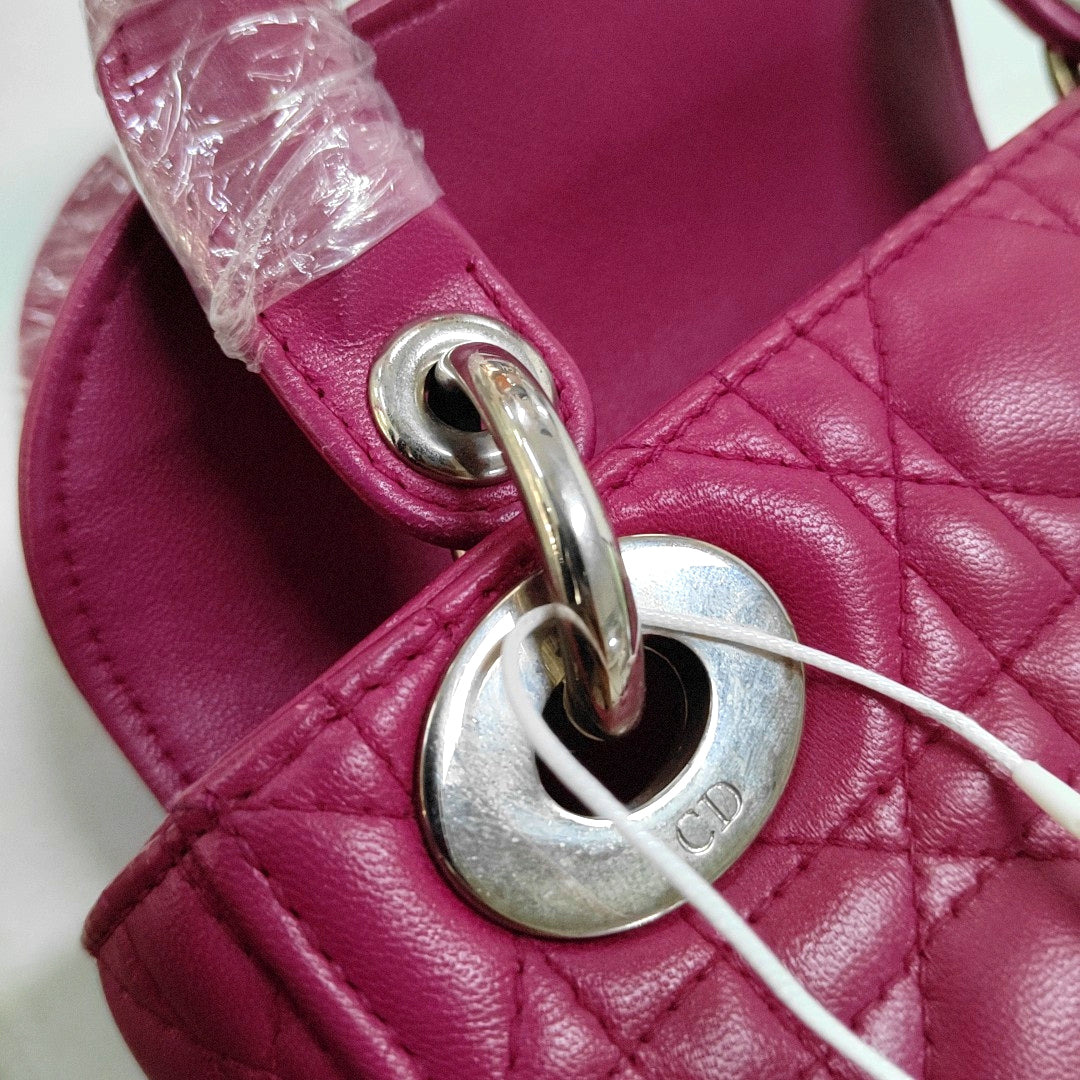 DIOR Lady Dior Mini Pinkish Red Lamb Leather Quilted Grained Three Compartment Shoulder Bag Crossbody Bag Tote Bag Silver Hardware Removable Strap-(SKU)-968391657