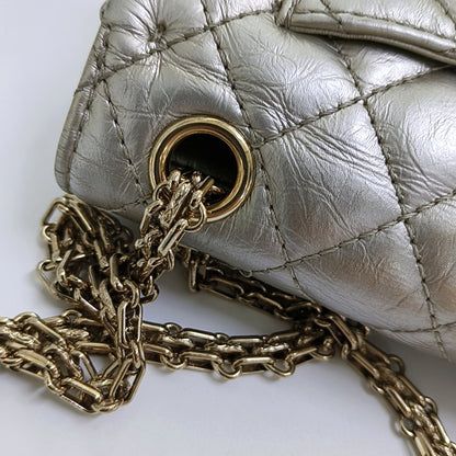 CHANEL 2.55 Small Silver Leather Quilted Chain Shoulder Bag with Gold Hardware, 30 Clasps-(SKU)-965946832