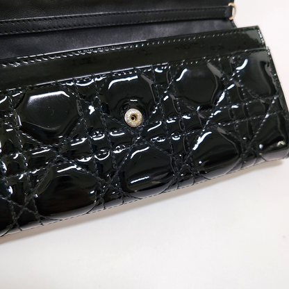 DIOR Lady Dior Black patent leather cannage quilted wallet Silver Hardware-(SKU)-959523317
