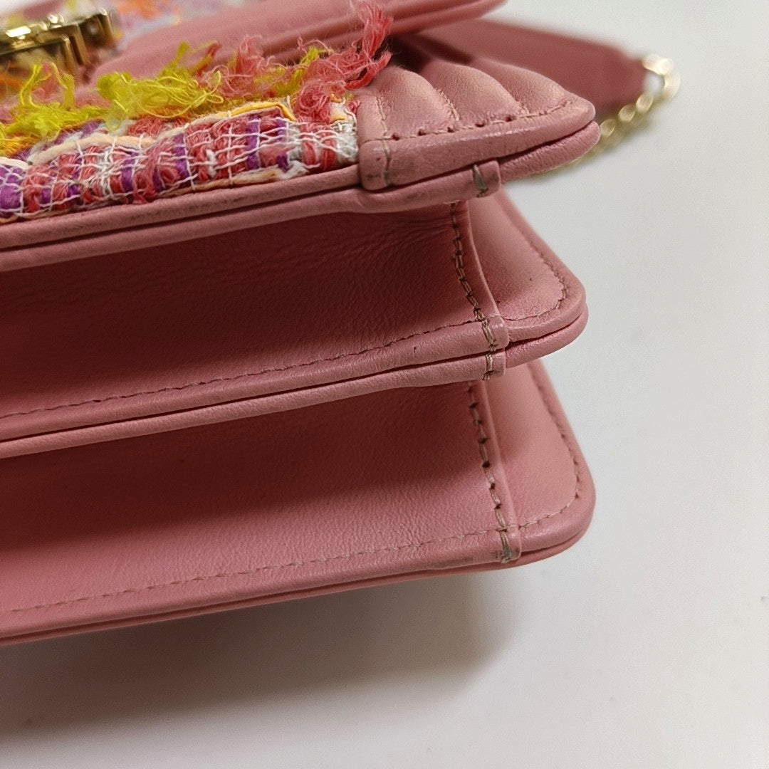 CHANEL BOY CHANEL Pink Tweed Quilted Crossbody Shoulder Bag with Golden Hardware, 27K, Detachable Strap-(SKU)-968690690