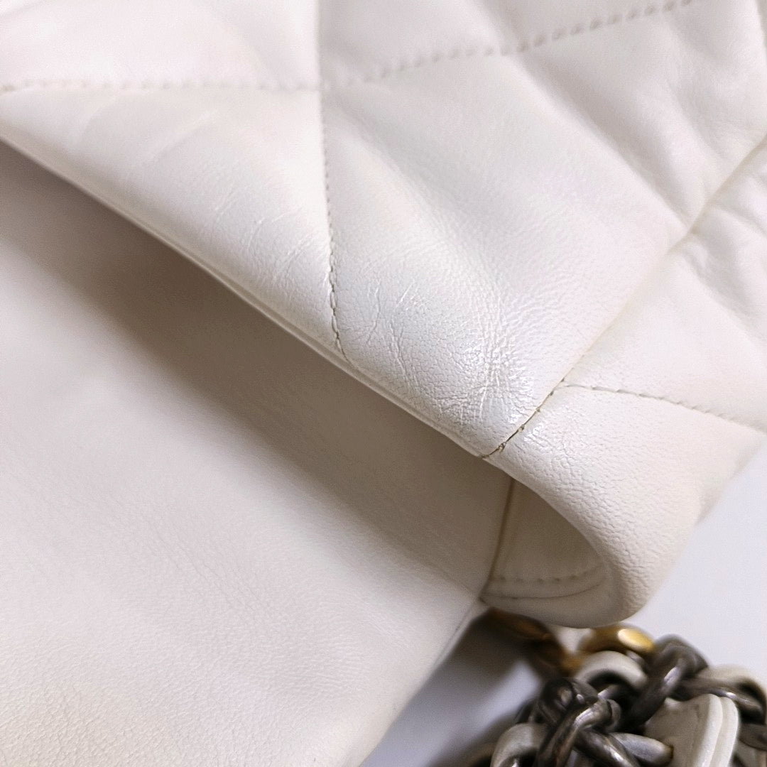 CHANEL CHANEL 19 Small White Lamb Skin Quilted Shoulder Bag Crossbody with Gold, Silver and Ruthenium Hardware 30 Clasp-(SKU)-969981633