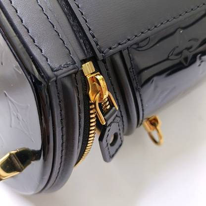 LOUIS VUITTON CANNES Black Patent Leather Embossed Money Bucket Crossbody Shoulder Bag Tote Bag Gold Hardware Removable Strap-(SKU)-952976210