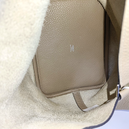 HERMÈS Picotin Lock 22 Khaki Clemence Leather Basket Handbag with Silver Hardware and X Engraving-(SKU)-955859168
