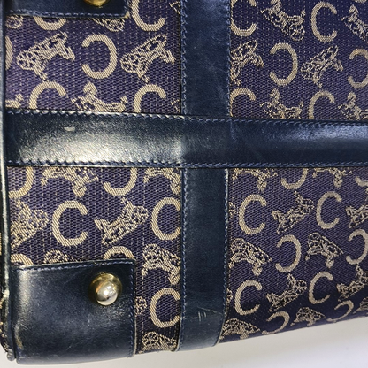CELINE Dark Blue Canvas Triumphal Arch Handbag Golden hardware-(SKU)-933886003