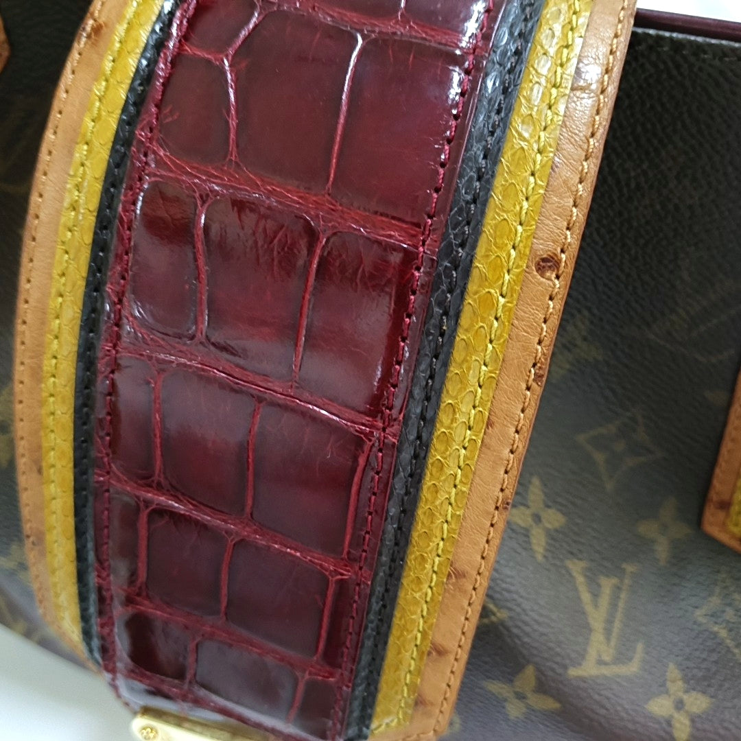 LOUIS VUITTON GRIET Brown Coated Canvas Monogram Crocodile Embossed Handbag with Gold Hardware-(SKU)-967372524