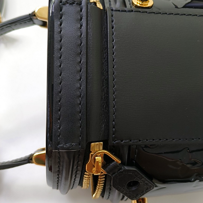 LOUIS VUITTON CANNES Black Patent Leather Embossed Money Bucket Crossbody Shoulder Bag Tote Bag Gold Hardware Removable Strap-(SKU)-952976210