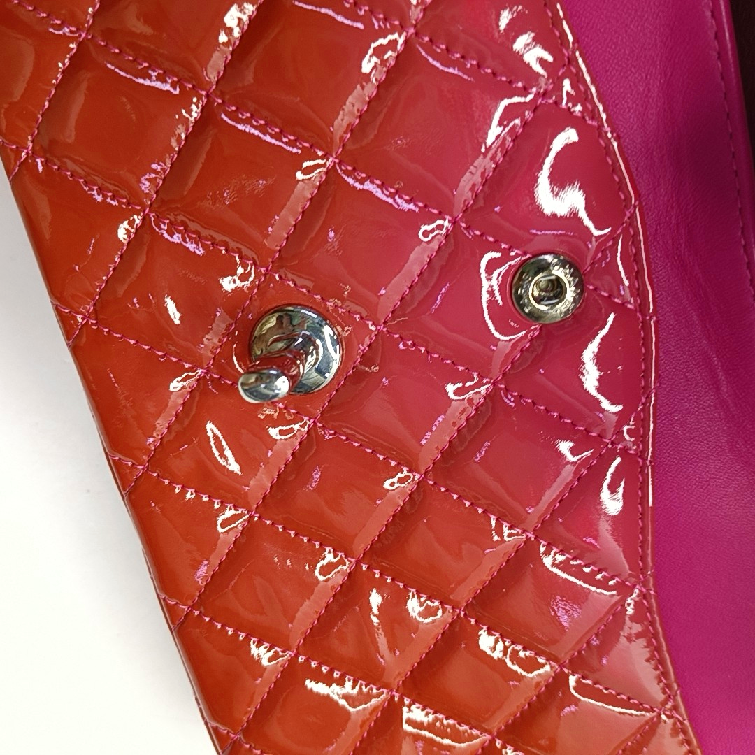 CHANEL CLASSIC FLAP Orange Patent Leather Quilted Crossbody Shoulder Bag with Silver Hardware, 14K-(SKU)-959565194