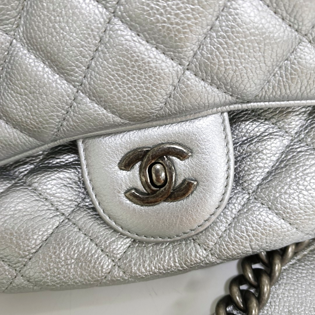 CHANEL CLASSIC FLAP Silver Calfskin Quilted Shoulder Bag with Palladium Hardware, 22 compartments-(SKU)-946659877