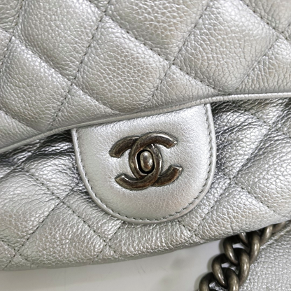 CHANEL CLASSIC FLAP Silver Calfskin Quilted Shoulder Bag with Palladium Hardware, 22 compartments-(SKU)-946659877