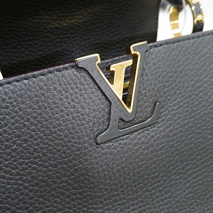 LOUIS VUITTON CAPUCINES BB Black Leather Crossbody Handbag Shoulder Bag Silver Hardware Detachable Strap Full Accessories-(SKU)-961060844