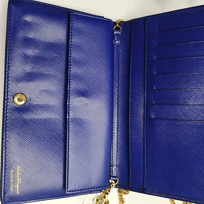 FERRAGAMO Ginny Blue Cowhide Crossbody Bag Golden hardware Removable shoulder strap-(SKU)-952268528