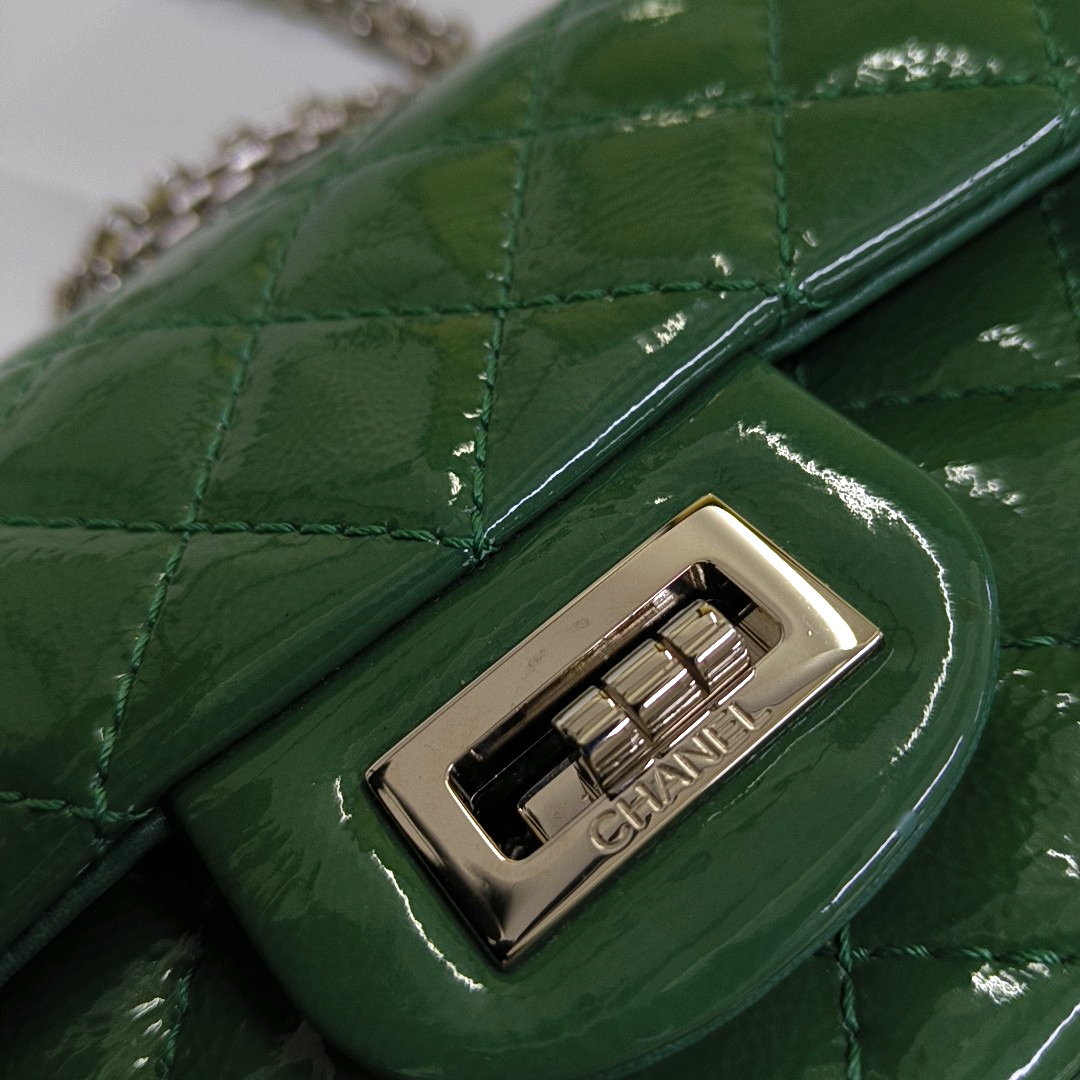 CHANEL 2.55 Small Green Patent Leather Quilted Chain Shoulder Bag with Silver Hardware, 14 Clasps-(SKU)-963604187