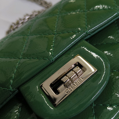 CHANEL 2.55 Small Green Patent Leather Quilted Chain Shoulder Bag with Silver Hardware, 14 Clasps-(SKU)-963604187