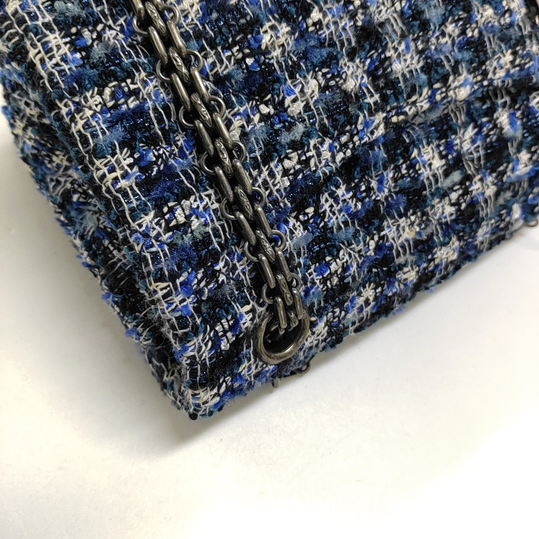 CHANEL 2.55 Mini Blue Tweed Woven Crossbody Shoulder Bag with Black Hardware, 29 Clasps-(SKU)-962059066