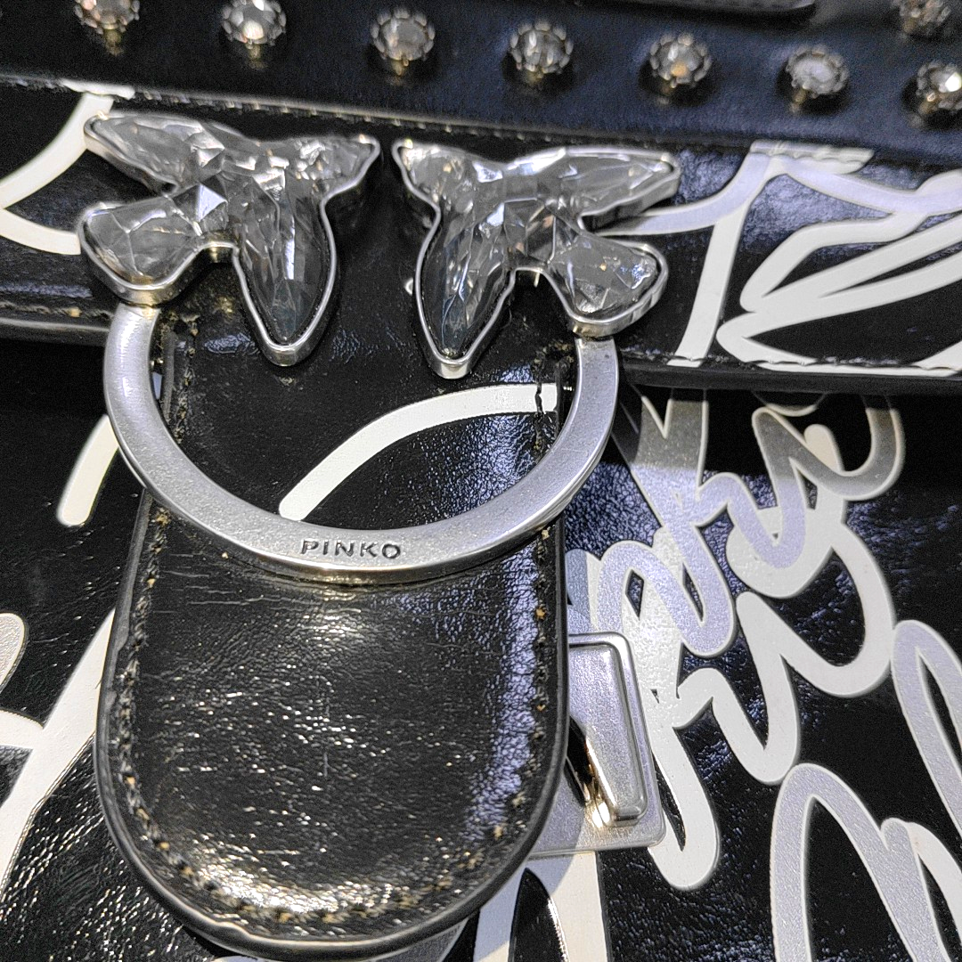 PINKO Mini Love Black Leather Stud Printed Crossbody Single Shoulder Bag Silver Hardware-(SKU)-936420003