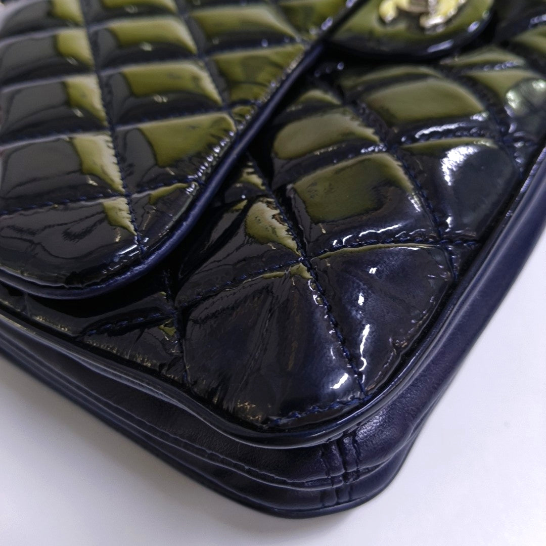 CHANEL CLASSIC FLAP Deep Blue Patent Leather Quilted Bag with Silver Hardware, 19-(SKU)-966563538