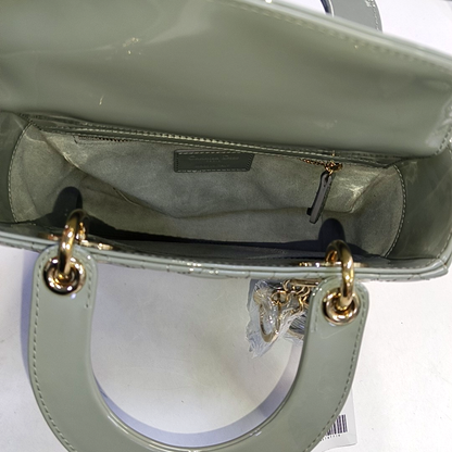 DIOR Lady Dior Small Size Blue Gray Patent Leather Cannage Quilted Diorella Shoulder Bag Tote Crossbody Bag with Detachable Strap-(SKU)-945787719