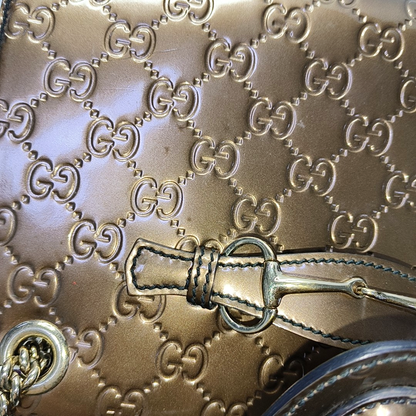 GUCCI Emily Chain Brown Patent Leather Monogram Embossed Shoulder and Handbag Golden hardware-(SKU)-945120170