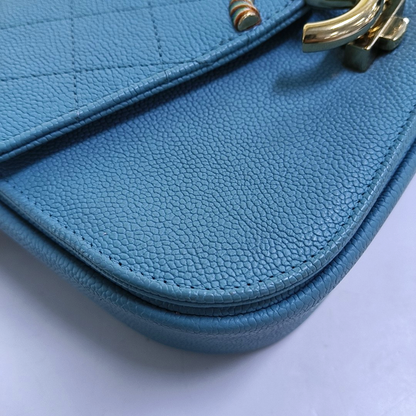 CHANEL THREAD AROUND Light Blue Calfskin Quilted Stitched Crossbody Shoulder Bag Handbag Tote Bag Silver Hardware 23 Clasp-(SKU)-953026490