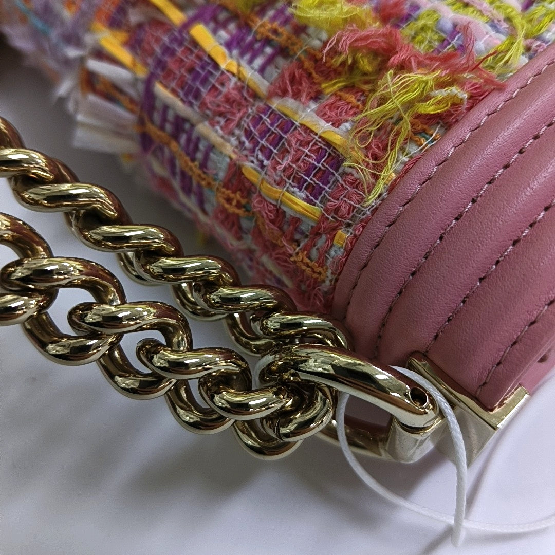 CHANEL BOY CHANEL Pink Tweed Quilted Crossbody Shoulder Bag with Golden Hardware, 27K, Detachable Strap-(SKU)-968690690