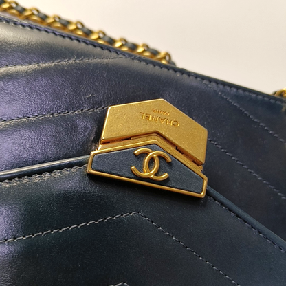 CHANEL MEDAL ENVELOPE Dark Blue Calfskin Quilted V-Shape Shoulder Bag with Gold Hardware-(SKU)-963604002