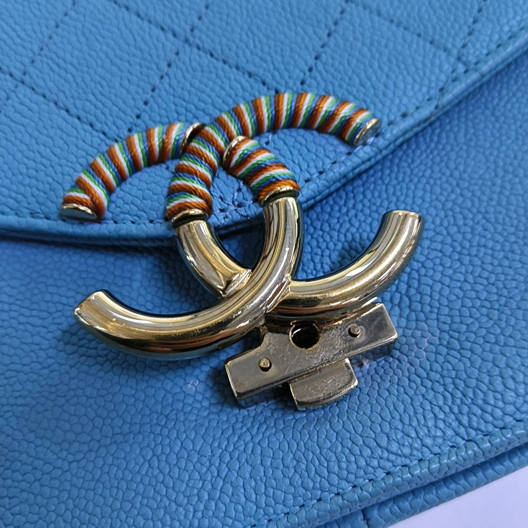 CHANEL THREAD AROUND Light Blue Calfskin Quilted Stitched Crossbody Shoulder Bag Handbag Tote Bag Silver Hardware 23 Clasp-(SKU)-953026490