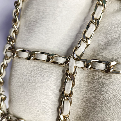 CHANEL DRAWSTRING White Calfskin Shoulder Bag with Gold Hardware, 30 Clutch-(SKU)-955869529