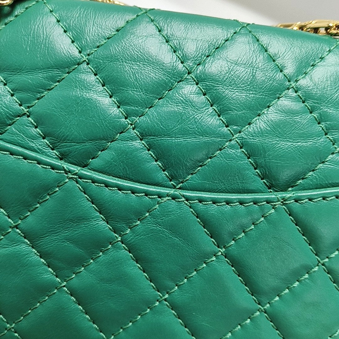 CHANEL 2.55 Mini Green Leather Quilted Chain Crossbody Shoulder Bag with Gold Hardware, 28 Clasps-(SKU)-971035161